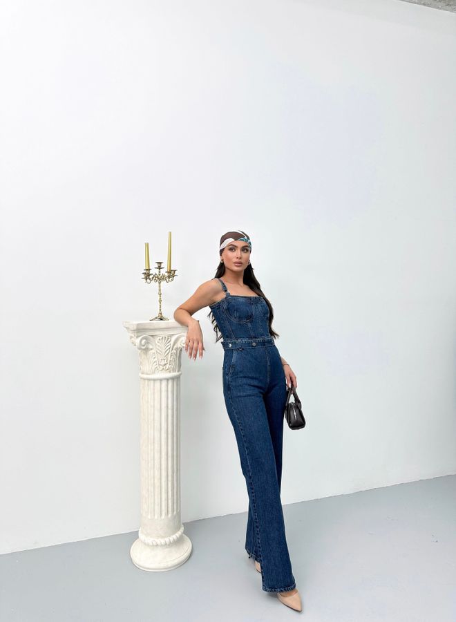 LACARINO Donkerblauwe Jeansjumpsuit Met Schouderriem En Tailleriem Groothandel Kleding Casual