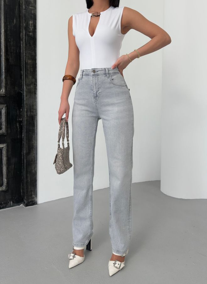 LACARINO High Waist Pipe Cut Light Gray Jeans Wholesale Clothing Cotton