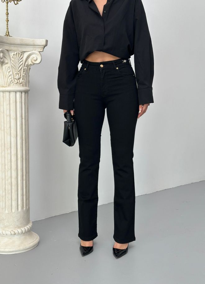 LACARINO Zaponka Za Pas Z Visokim Pasom Podrobne Črne Kavbojke S Polovičnimi Španskimi Nogami Oblačila na debelo Ležerno