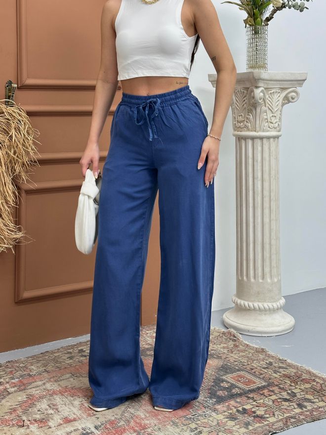 LACARINO Pantaloni Palazzo Indigo Scivolosi Con Elastico In Vita Abbigliamento all'ingrosso Casuale