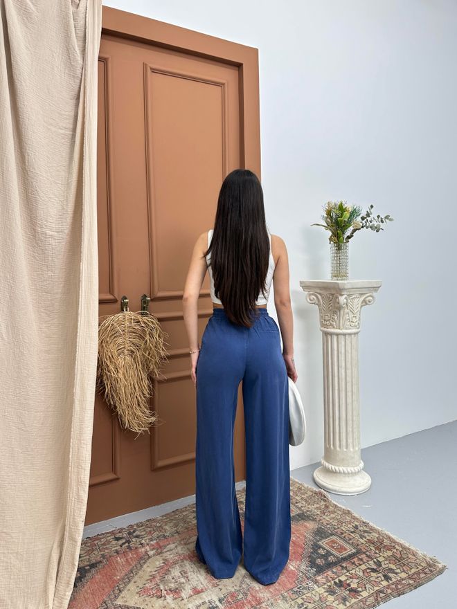 LACARINO Elastic Waist Slippery Indigo Palazzo Pants Wholesale Clothing 4