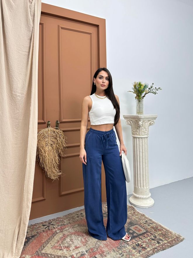 LACARINO Elastic Waist Slippery Indigo Palazzo Pants Wholesale Clothing Summer