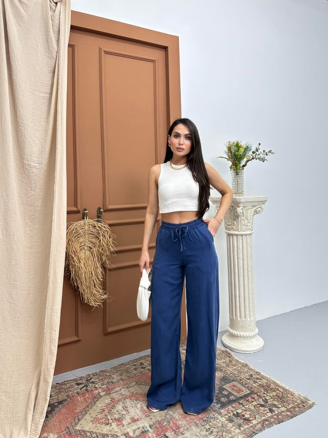 LACARINO Elastic Waist Slippery Indigo Palazzo Pants Wholesale Clothing Birthday