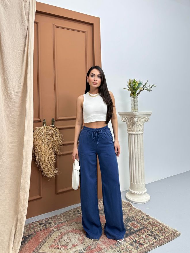 LACARINO Elastic Waist Slippery Indigo Palazzo Pants Wholesale Clothing No Fabric