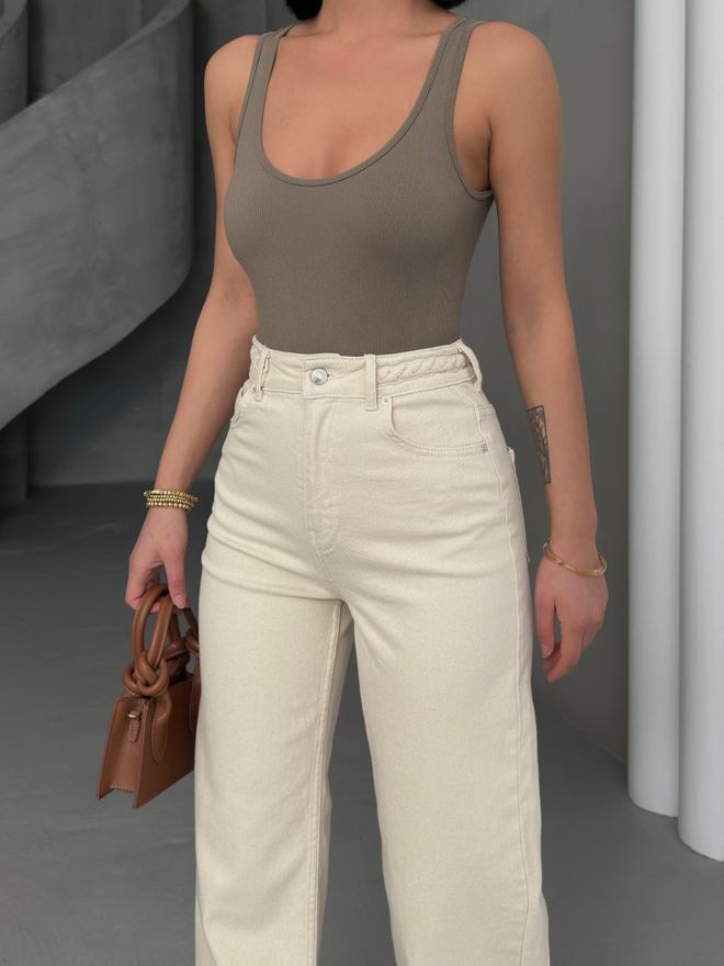 LACARINO Moterų Aukštos Juosmens Palaidos Tinka Natūralus Diržas Megzti Išsamūs Džinsai Kelnės Didmeninė prekyba drabužiais Trumpintas