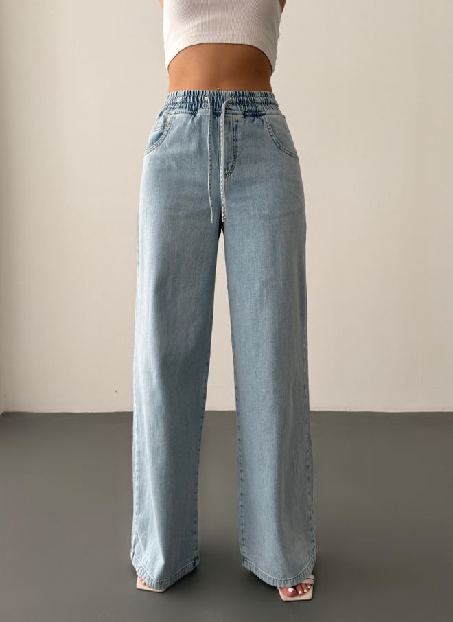 LACARINO Pantalon Palazzo Bleu Clair Détaillé Avec Cordon De Serrage À Taille Élastique Pour Femmes Vêtements en gros Décontracté