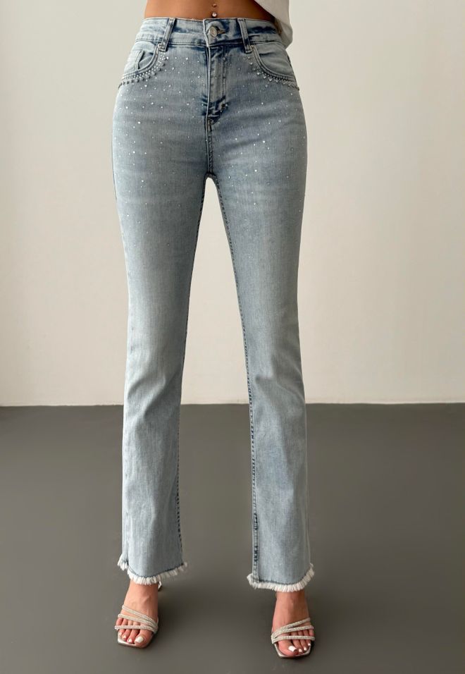 LACARINO Calças Jeans Com Detalhes Em Pedra Azul Clara Com Borla De Cintura Alta Roupas por atacado Verão