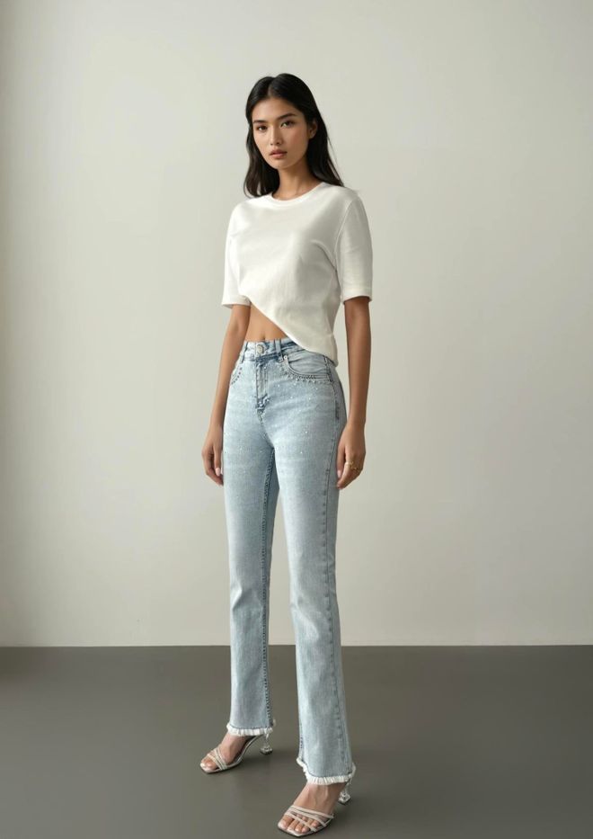 LACARINO Calças Jeans Com Detalhes Em Pedra Azul Clara Com Borla De Cintura Alta Roupas por atacado Glamoroso
