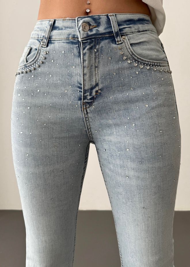 LACARINO Calças Jeans Com Detalhes Em Pedra Azul Clara Com Borla De Cintura Alta Roupas por atacado Algodão