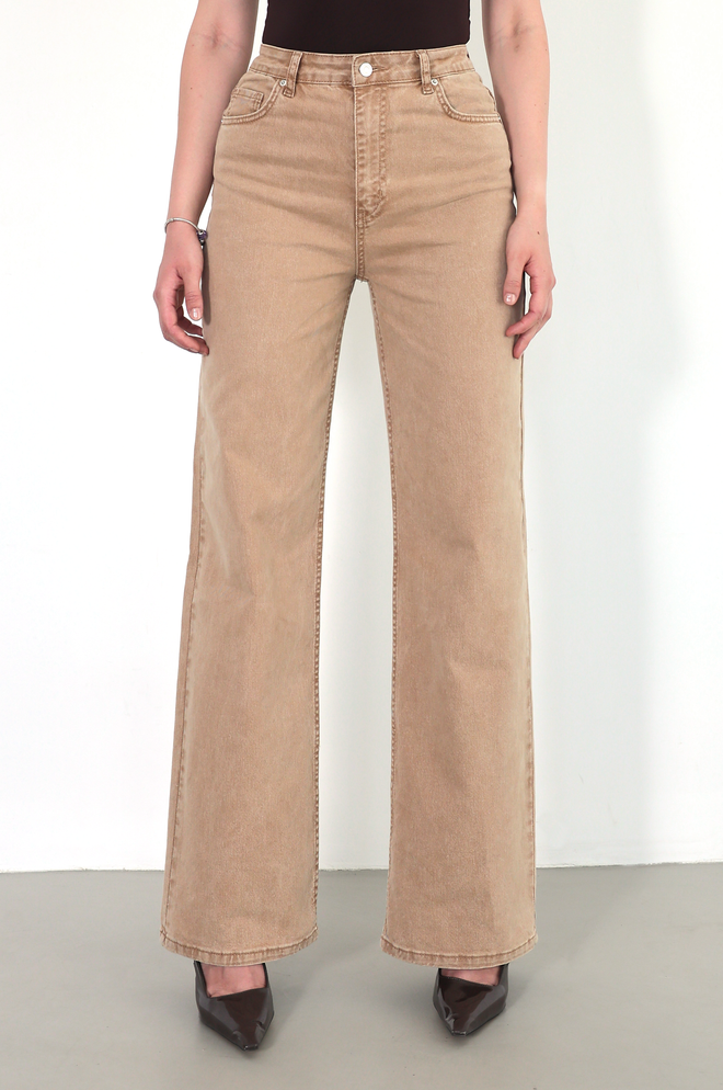 LACARINO Bež Kavbojke Visok Pas Široka Noga Mom Kroj Oblačila na debelo Ležerno