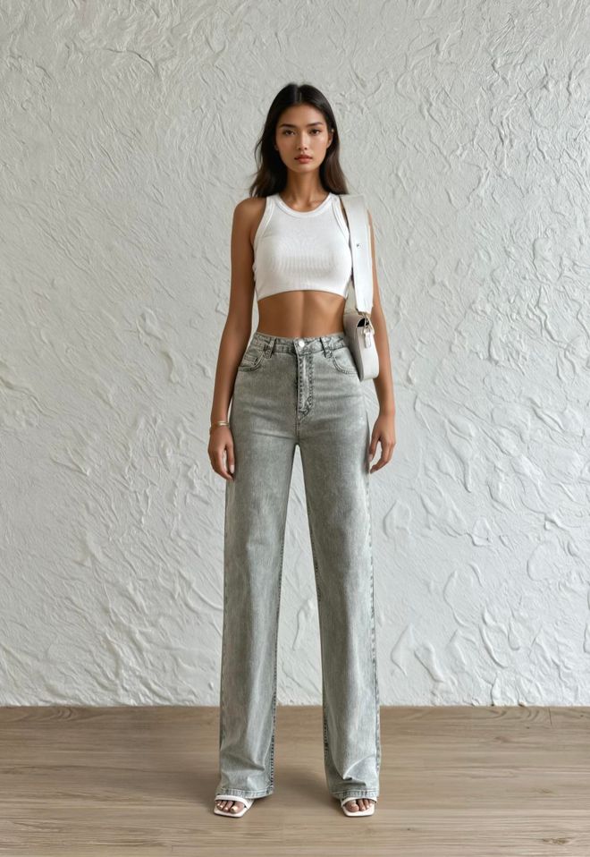 LACARINO Siva Kavbojke Mami Ravna Noga Visok Pas Vintage Oblačila na debelo 1