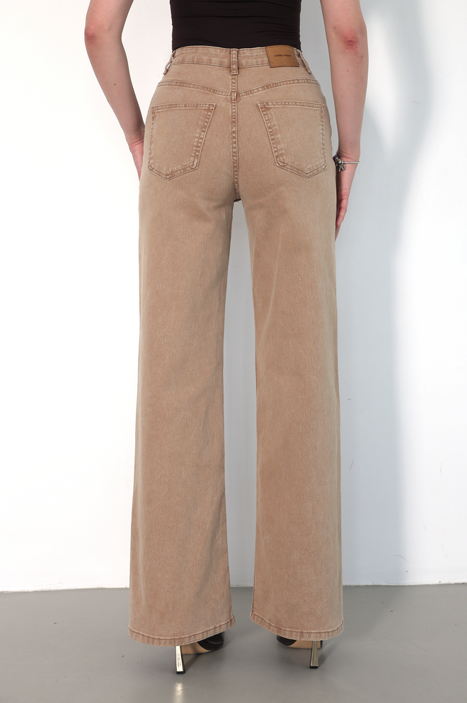 LACARINO Bež Kavbojke Visok Pas Široka Noga Mom Kroj Oblačila na debelo Lounge