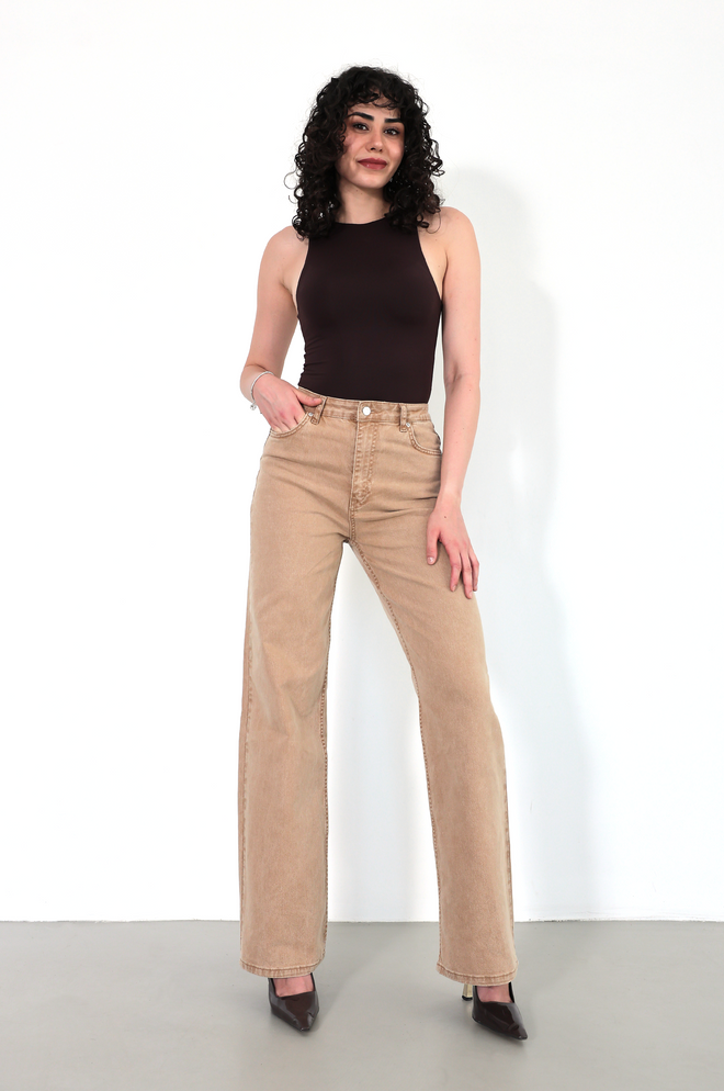 LACARINO Bež Kavbojke Visok Pas Široka Noga Mom Kroj Oblačila na debelo 1