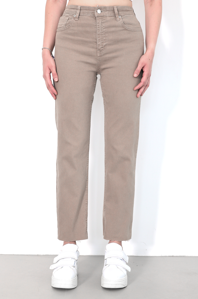 LACARINO Bej Kot Pantolon Yüksek Bel Mom Düz Paça Crop Toptan Giyim Gündelik