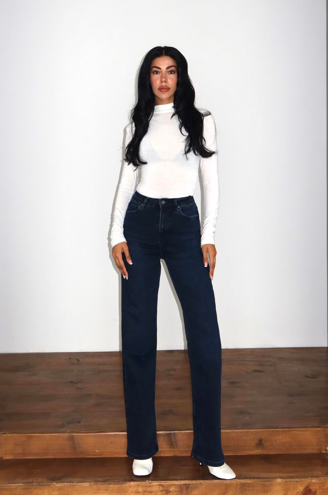 LACARINO Calças De Ganga Azul Bootcut Pé Alargado Cintura Alta Roupas por atacado Elegante