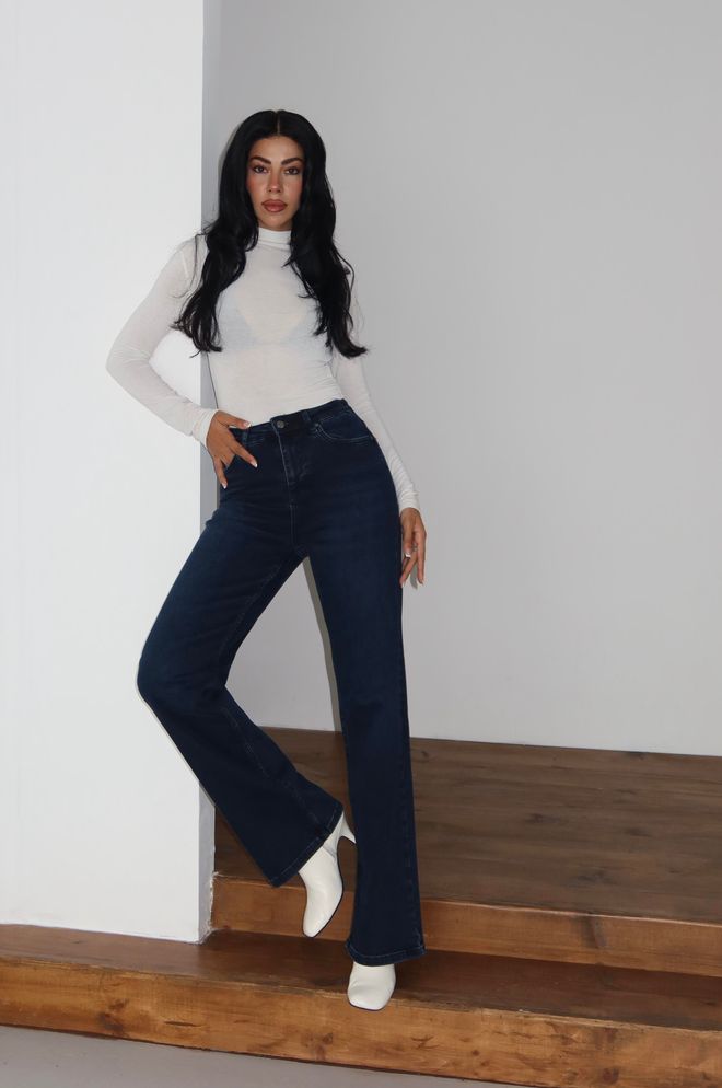 LACARINO Calças De Ganga Azul Bootcut Pé Alargado Cintura Alta Roupas por atacado 1