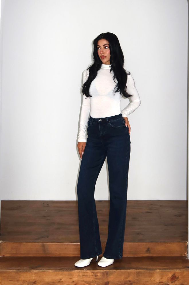 LACARINO Calças De Ganga Azul Bootcut Pé Alargado Cintura Alta Roupas por atacado A relaxar