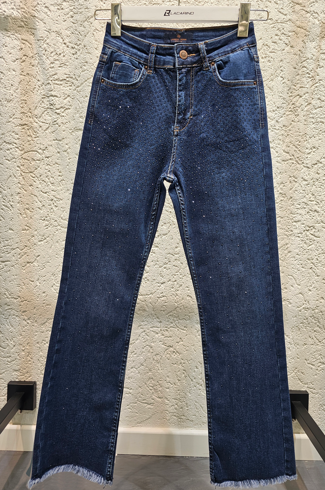 LACARINO Jeans Azul Escuro Bordados Em Pedra Com Borla De Cintura Alta Roupas por atacado 4