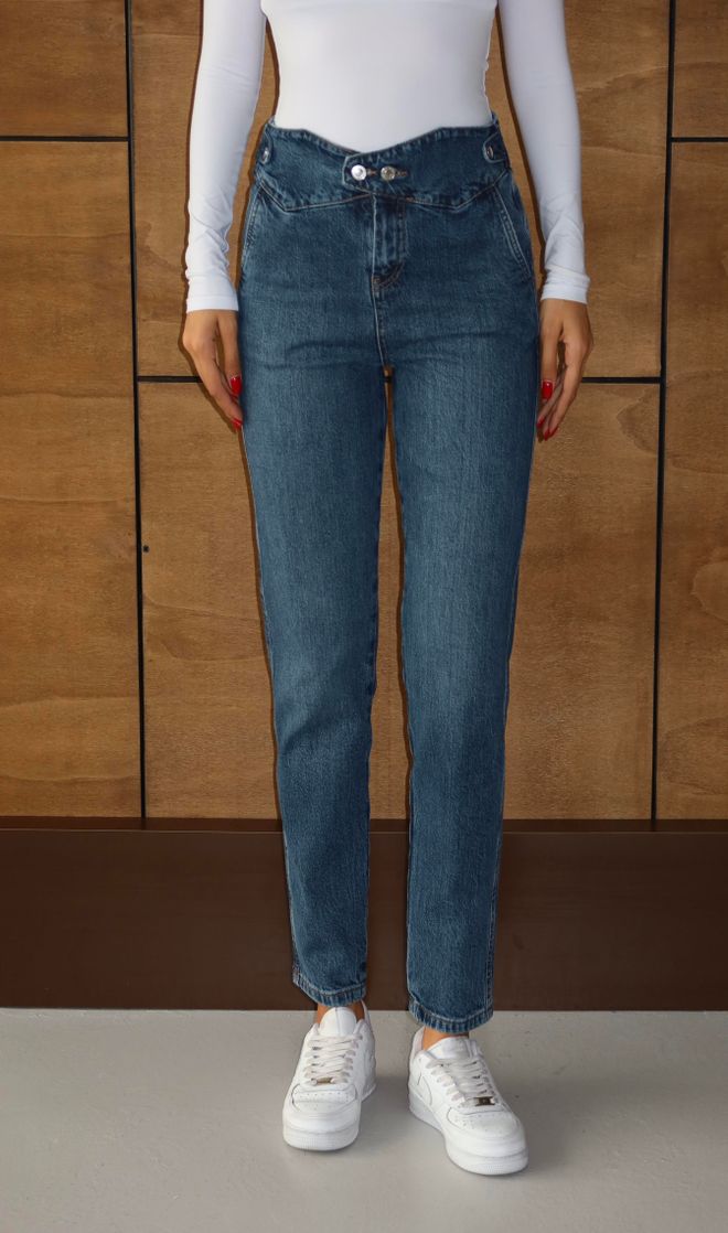 LACARINO Плави Неформалан Улична Одећа Фармерке Мама Закопчано Висок Струк Цроппед Страигхт Лег Велепродаја одеће Неформалан