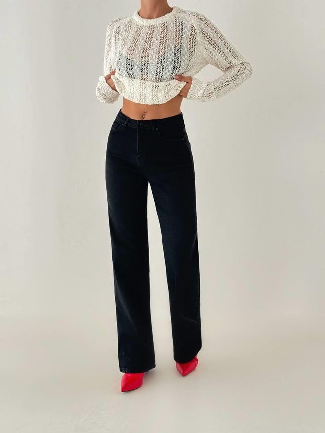 LACARINO Црне Мом Фармерке Са Високим Струком Широким Ногама И Закопчавањем На Дугмад Велепродаја одеће 1