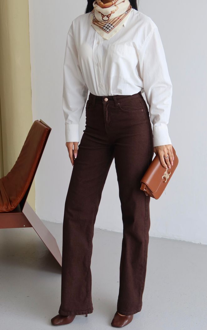 LACARINO Hnedé Rifle Pre Mamičky Vysoký Pás Rovné Nohavice Veľkoobchod s oblečením Neformálny