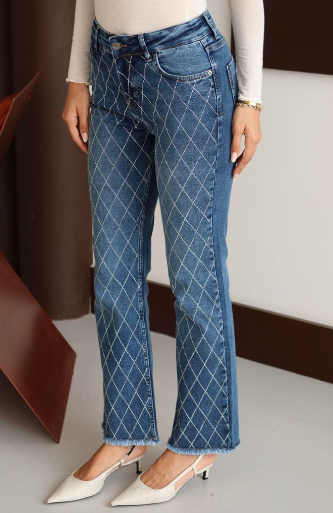 LACARINO Blaue Karierte Mom Jeans Mit Knopfverschluss Großhandelskleidung Lässig