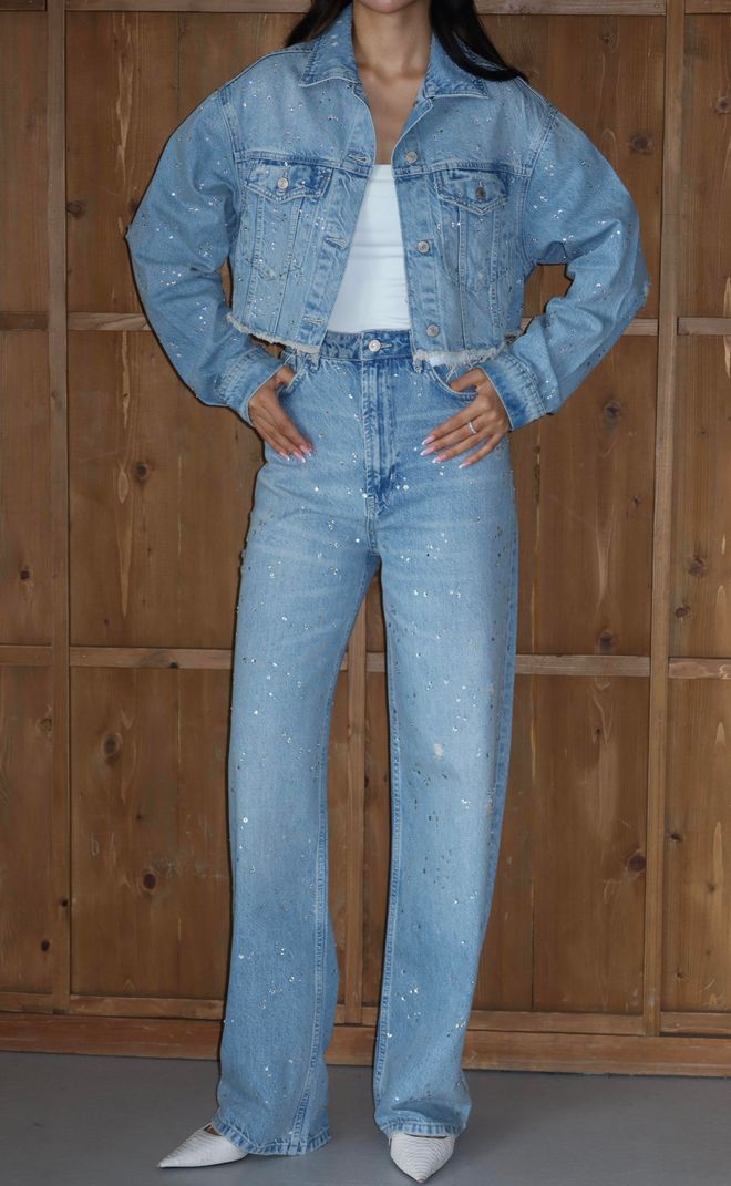 LACARINO Mavi Payetli Bol Crop Gömlek Toptan Giyim Gündelik