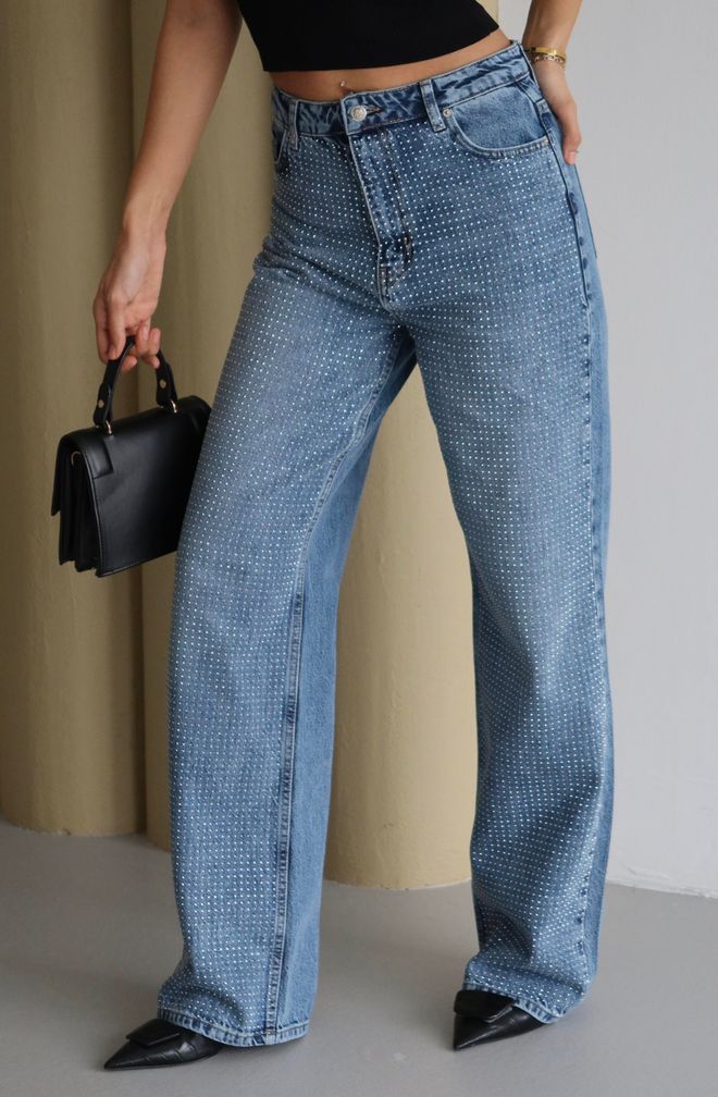 LACARINO Jeans Blu Con Paillettes Mom Vita Alta E Gamba Larga Abbigliamento all'ingrosso Casuale