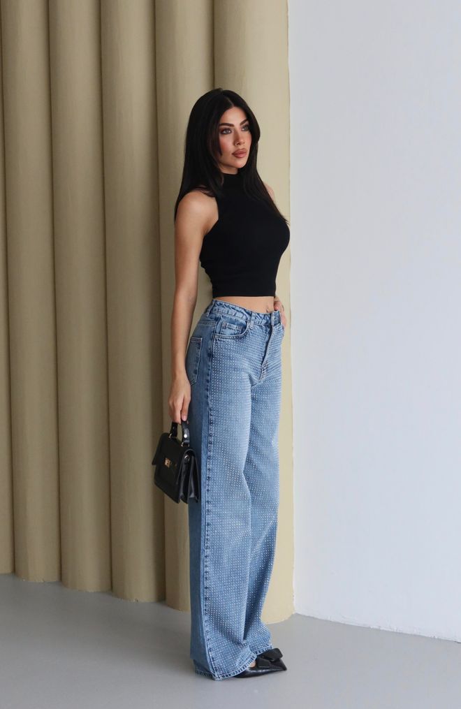 LACARINO Blue Sequined Mom Jeans With High Waist & Wide Leg Wholesale Clothing 5