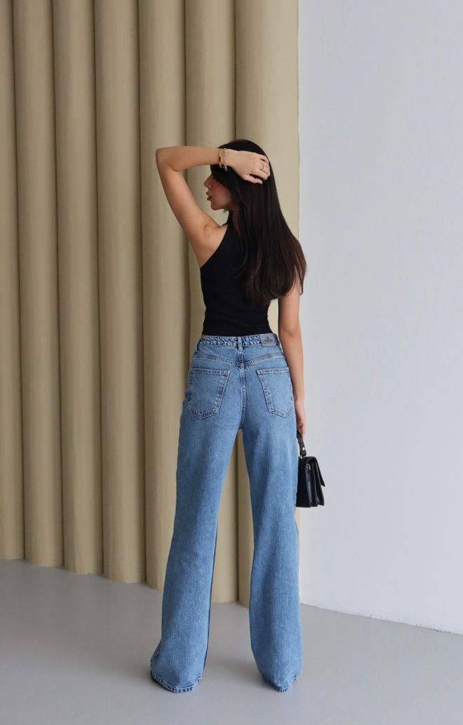 LACARINO Blue Sequined Mom Jeans With High Waist & Wide Leg Wholesale Clothing Work