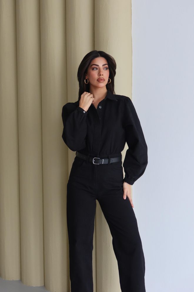 LACARINO Black Shirt Jumpsuit With Notched Neckline Wholesale Clothing Spring
