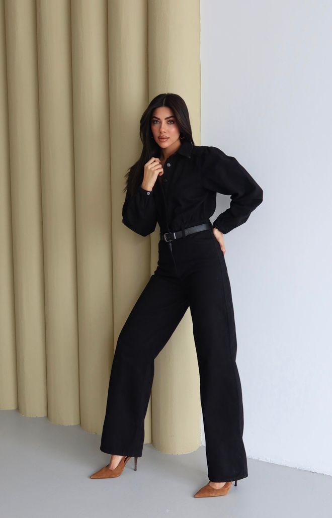 LACARINO Black Shirt Jumpsuit With Notched Neckline Wholesale Clothing 5