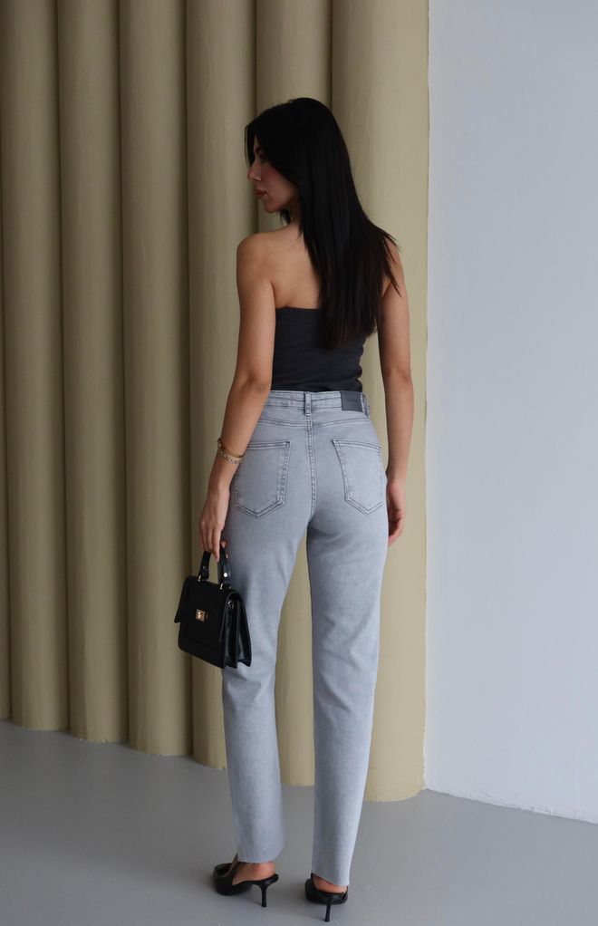 LACARINO Grey Sequined Mom Jeans High Waist Long Straight Leg Wholesale Clothing Spring