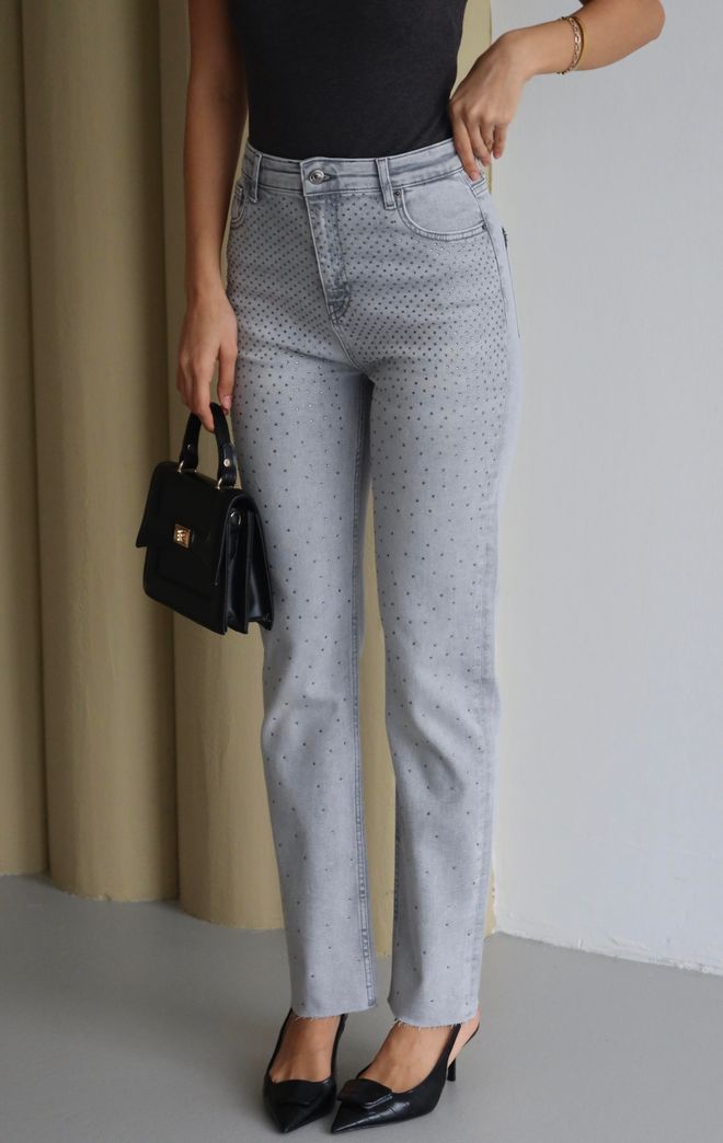 LACARINO Vaqueros Mamá Gris Con Lentejuelas Cintura Alta Largo Y Pierna Recta Ropa al por mayor Casual