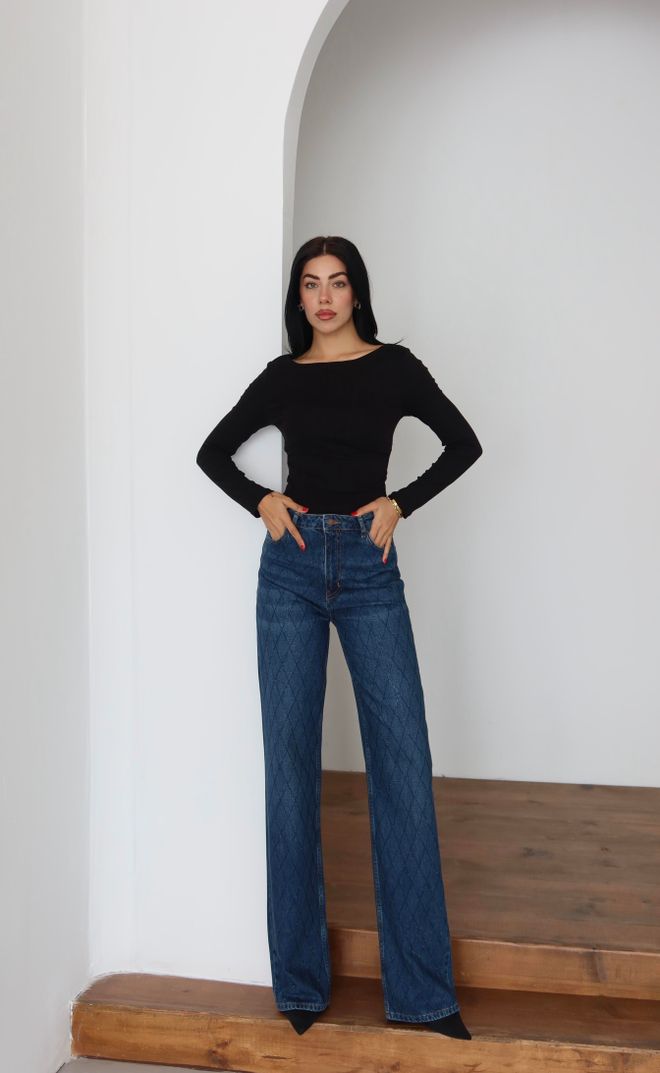 LACARINO Jean Bleu À Carreaux Taille Haute Mom Vêtements en gros 1