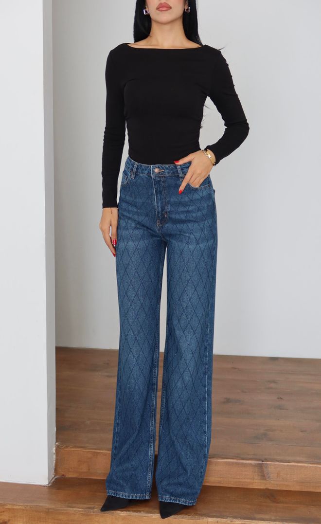 LACARINO Jean Bleu À Carreaux Taille Haute Mom Vêtements en gros Lounge