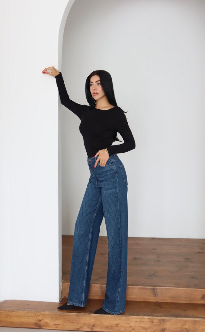 LACARINO Jean Bleu À Carreaux Taille Haute Mom Vêtements en gros Boho