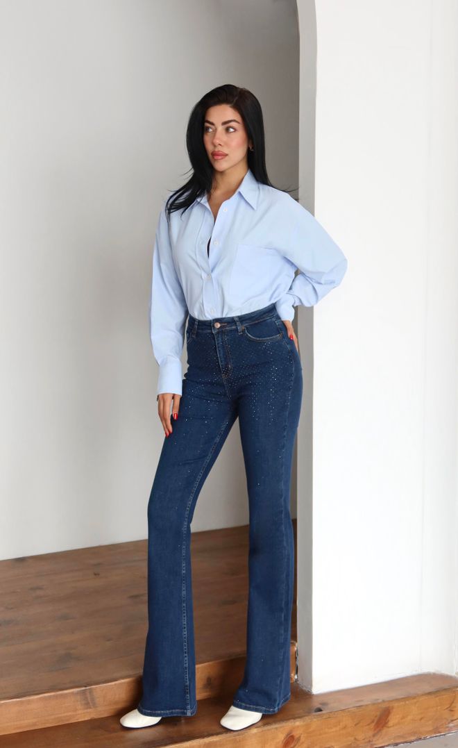 LACARINO Modre Kavbojke Mami Visok Pas Na Gumbe Z Pikami Oblačila na debelo Pomlad