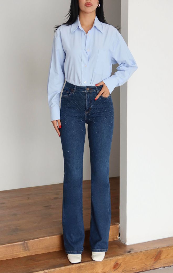 LACARINO Modre Kavbojke Mami Visok Pas Na Gumbe Z Pikami Oblačila na debelo Lounge