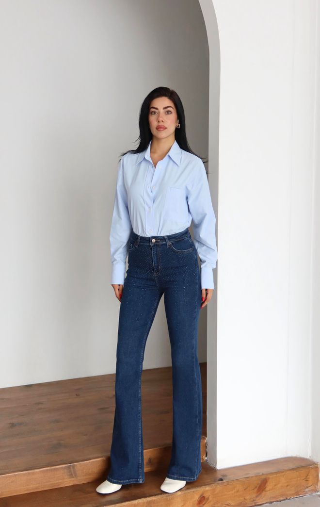 LACARINO Modre Kavbojke Mami Visok Pas Na Gumbe Z Pikami Oblačila na debelo Vintage