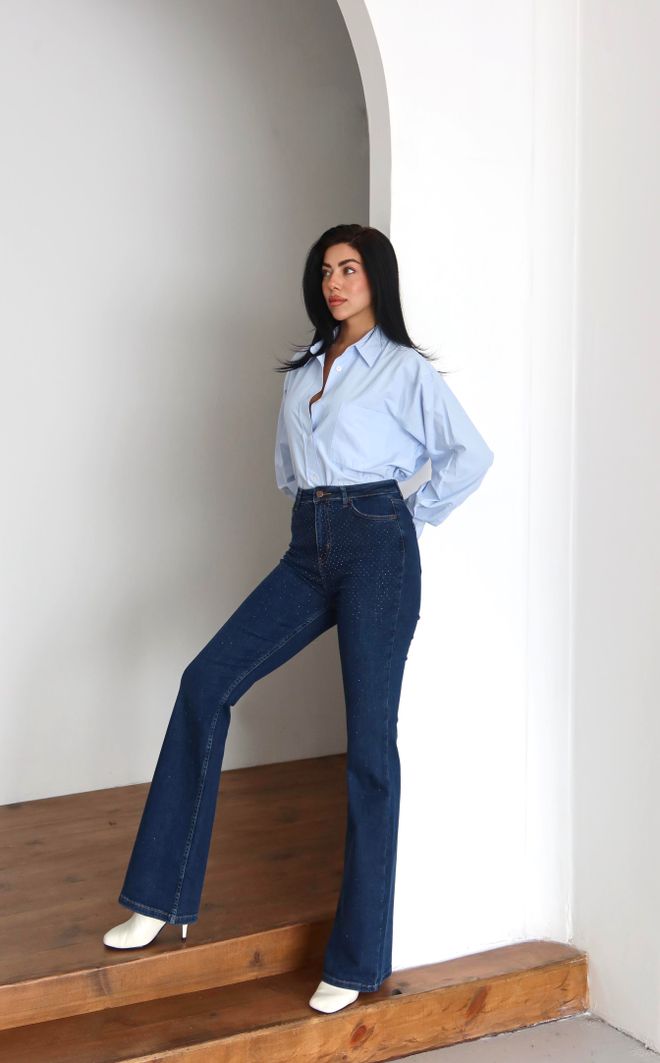 LACARINO Modre Kavbojke Mami Visok Pas Na Gumbe Z Pikami Oblačila na debelo 1