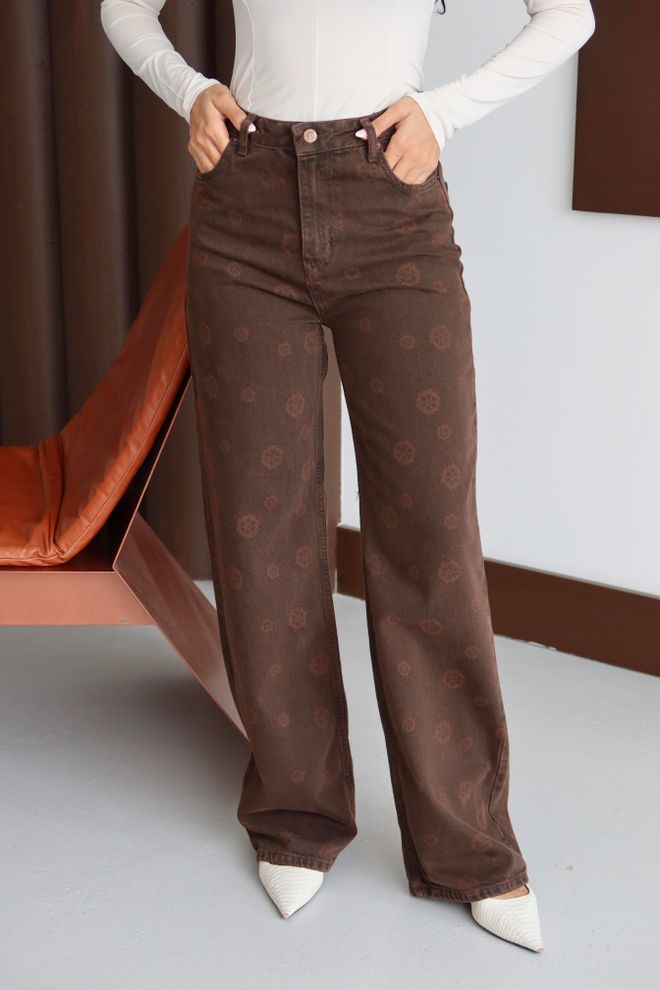 LACARINO Vaqueros Marrón Mamá Cintura Alta Pierna Ancha Ropa al por mayor Salón