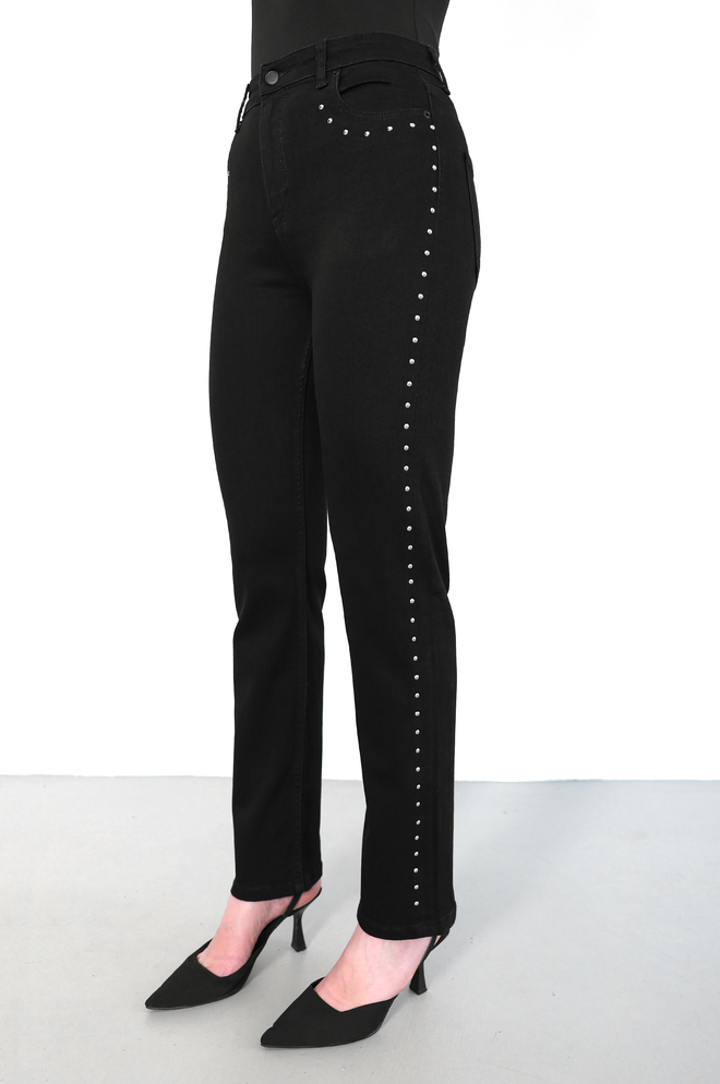 LACARINO Schwarze Jeans Gerade Bein High Waist Mom Geknöpft Großhandelskleidung Lässig