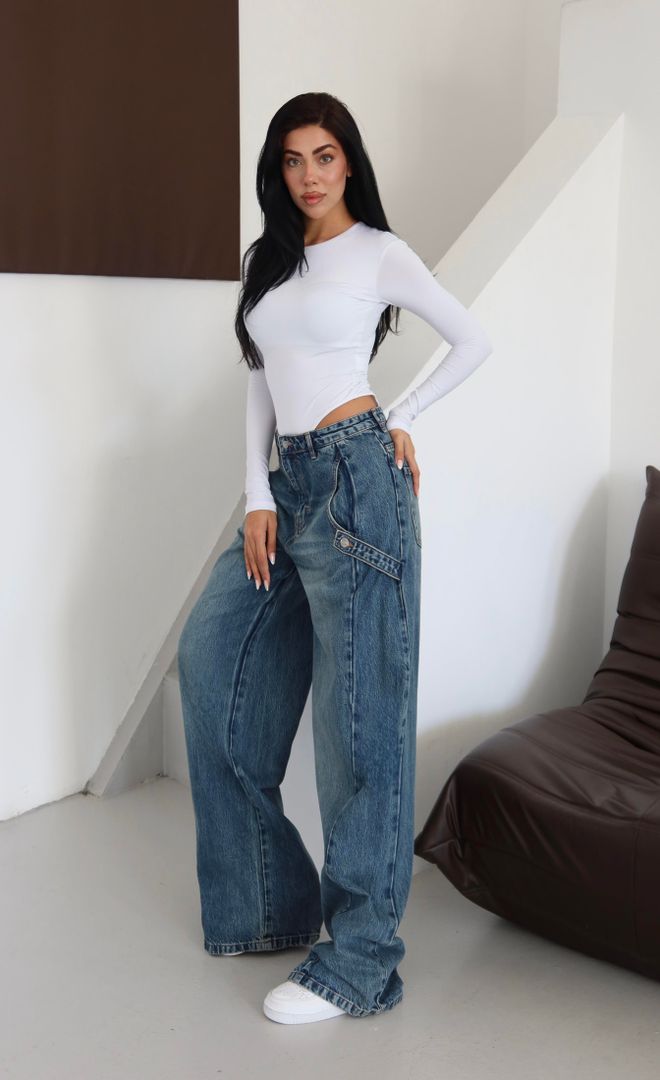 LACARINO Синие Джинсы Стиль Mom Высокая Талия Широкие Ноги Оптовая продажа одежды 5