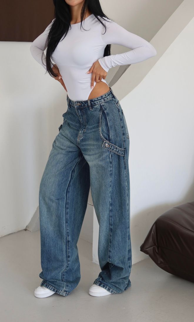 LACARINO Синие Джинсы Стиль Mom Высокая Талия Широкие Ноги Оптовая продажа одежды Работа