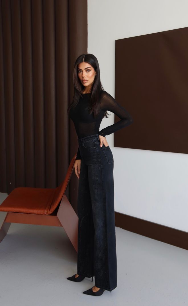 LACARINO Blugi Mom Negru Talie Înaltă Picior Larg Buline Îmbrăcăminte cu ridicata Sexy