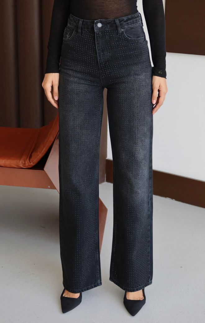 LACARINO Blugi Mom Negru Talie Înaltă Picior Larg Buline Îmbrăcăminte cu ridicata Casual