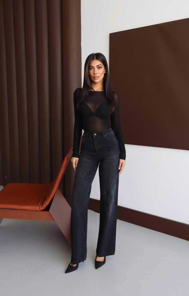 LACARINO Blugi Mom Negru Talie Înaltă Picior Larg Buline Îmbrăcăminte cu ridicata 1