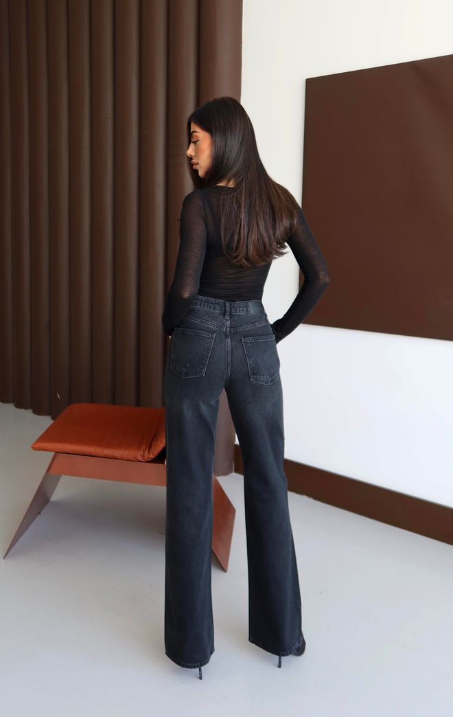 LACARINO Blugi Mom Negru Talie Înaltă Picior Larg Buline Îmbrăcăminte cu ridicata 5