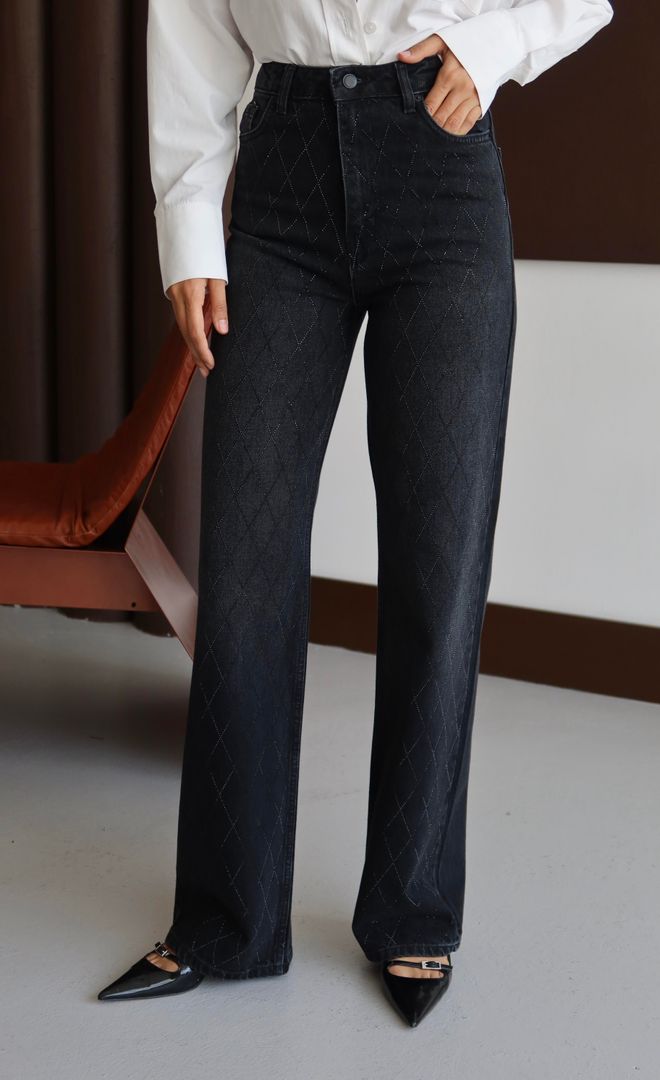 LACARINO Calças De Ganga Pretas Aos Quadrados Para Mães Com Perna Larga Roupas por atacado Casual